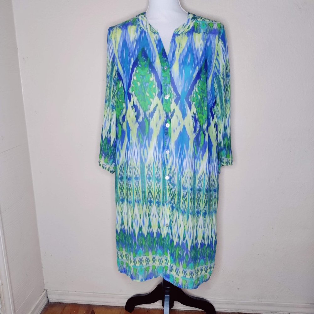 Chico's Sheer Tunic Top Blue Green Geometric Large Button Up Women's